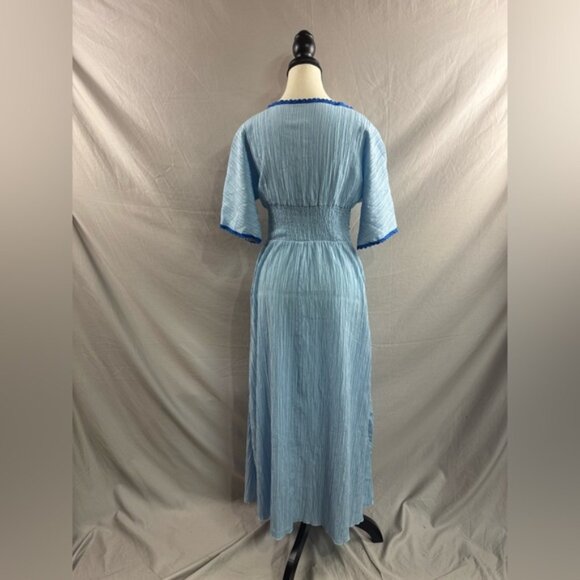 Deep V Neck Embrodered Waist Slit Dress Blue - Picture 8 of 8